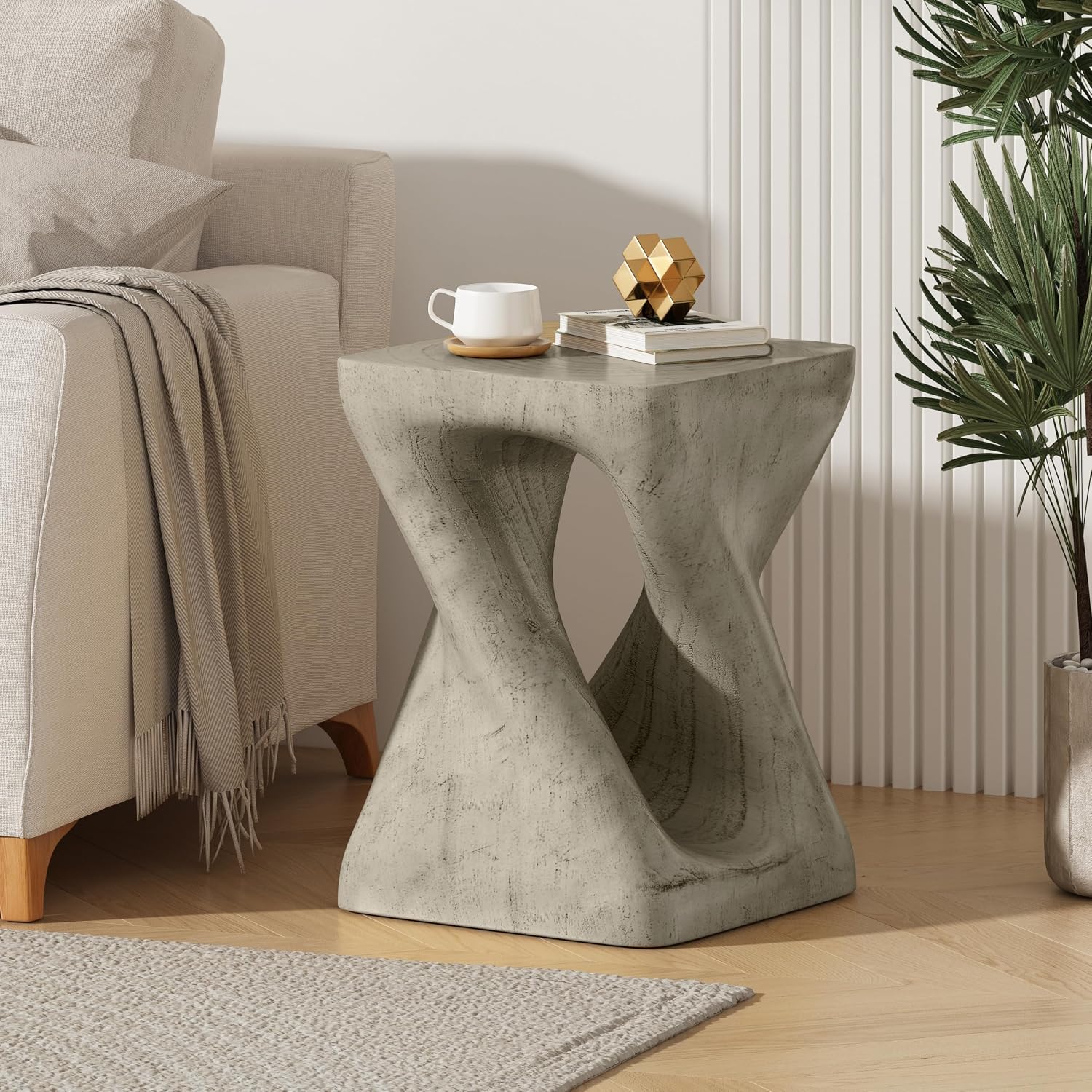 MGO Twist Shape Side Table for Indoor Outdoor, 16 Inch Modern Spiral End Table with Wood-Like Texture, Accent Table for Living Room Patio, No Assembly Required (Grey)
