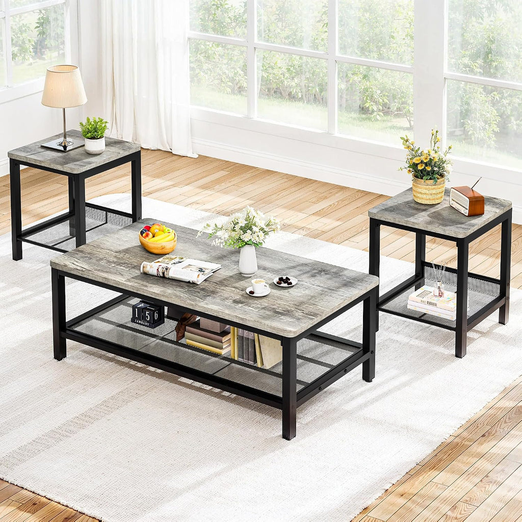 Recaceik 3-Piece Living Room Coffee Table Set, Industrial Coffee Table with 2 Square End Side Tables, Modern Living Room Table Set with Metal Frame for Apartment Home Office (Grey)