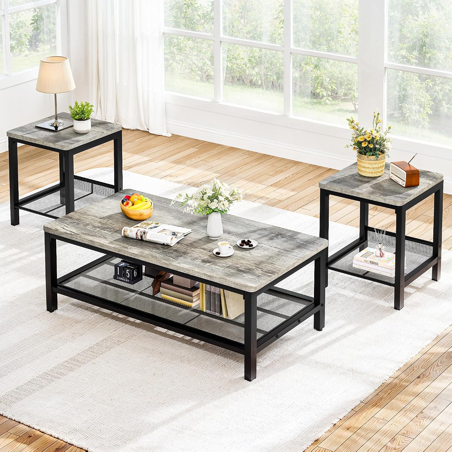 Recaceik 3-Piece Living Room Coffee Table Set, Industrial Coffee Table with 2 Square End Side Tables, Modern Living Room Table Set with Metal Frame for Apartment Home Office (Grey)