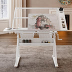 Drafting Table w/Art Stool, Hand Crank Height Adjustable Drawing Desk for Adults with Tilting Glass Top (0-70°), 2 Storage Drawers, Artist Table for Painting & Sketching(White)