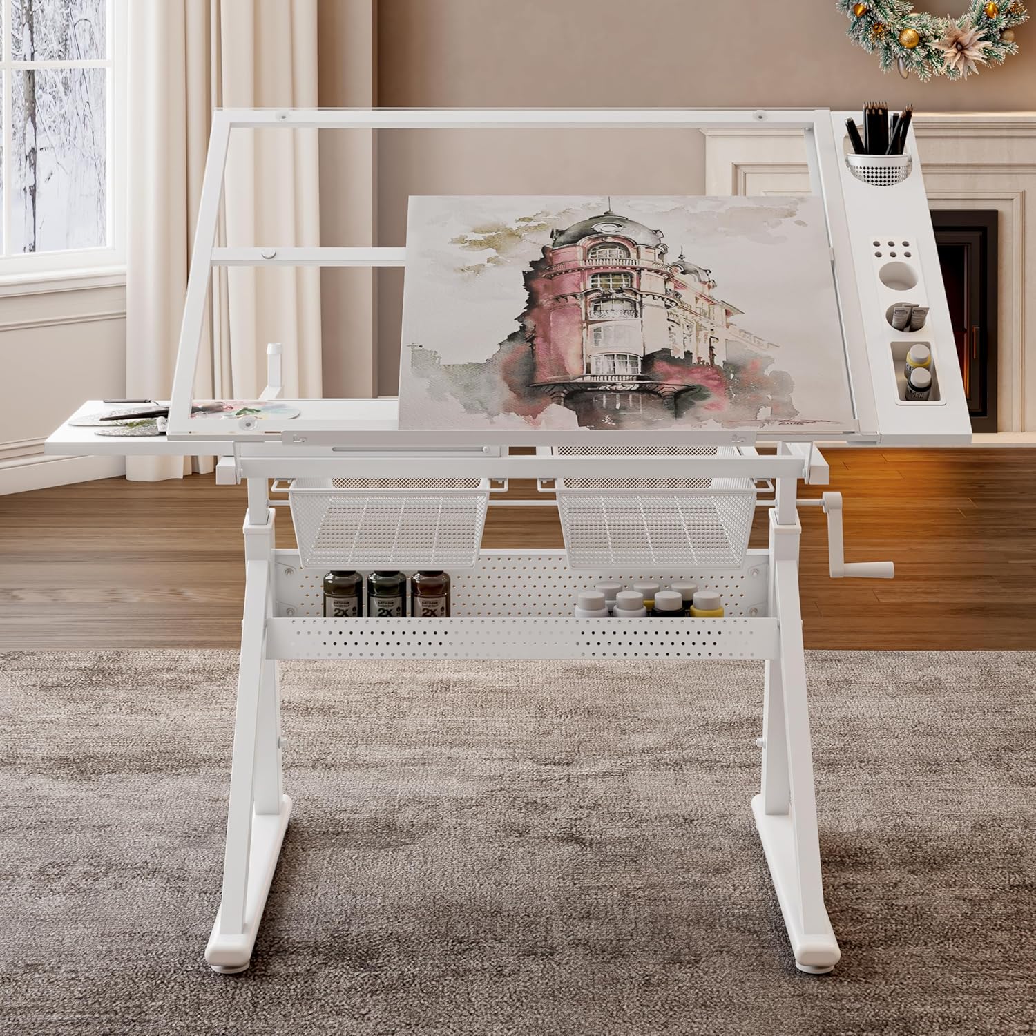 Drafting Table w/Art Stool, Hand Crank Height Adjustable Drawing Desk for Adults with Tilting Glass Top (0-70°), 2 Storage Drawers, Artist Table for Painting & Sketching(White)