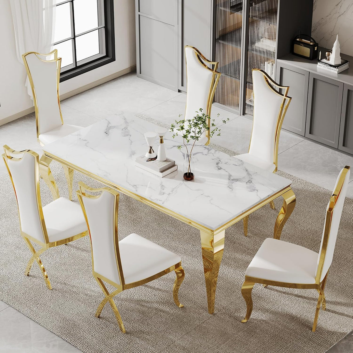Luxury Dining Chairs Set of 4, Modern White Leather Upholstered Kitchen Chairs with High Backrest & Gold Stainless Steel Legs, Mid Century Accent Chairs for Living Room, Kitchen
