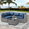 Vongrasig 5 Pieces Outdoor Sectional Furniture, All-Weather Rattan Patio Furniture Set, Wicker Patio Sectional Couch with Cushion, Glass Table, Navy Blue