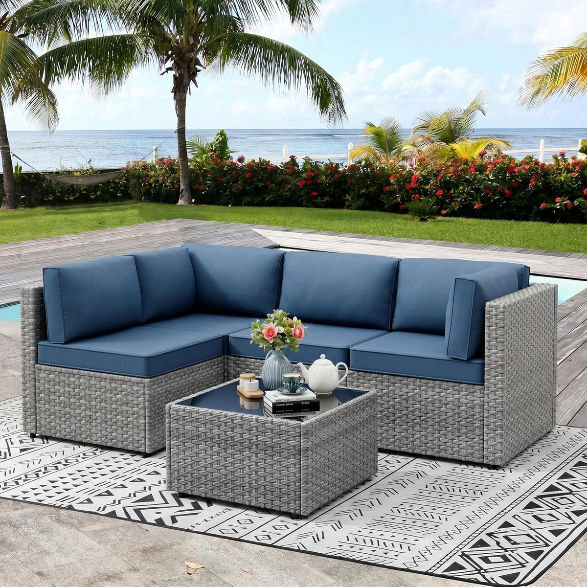 Vongrasig 5 Pieces Outdoor Sectional Furniture, All-Weather Rattan Patio Furniture Set, Wicker Patio Sectional Couch with Cushion, Glass Table, Navy Blue