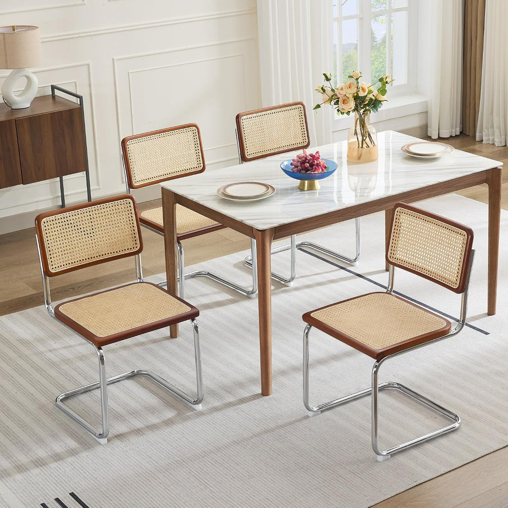 Flouki Rattan Dining Chairs Set of 2, Boho Accent Chairs for Kitchen Room with Natural Cane Mesh, Mid Century Cantilever Design, Solid Rubber Wood, Brown