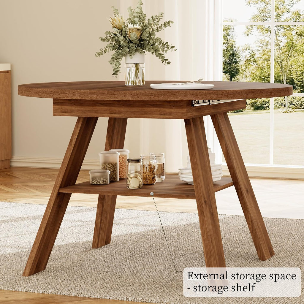 HIPIHOM 43"-59" Extendable Round Dining Table for 4-6, Walnut | Oval Kitchen Table for 4-6, Removable leaf & Storage Shelf, Space-saving for Kitchen, Living Room
