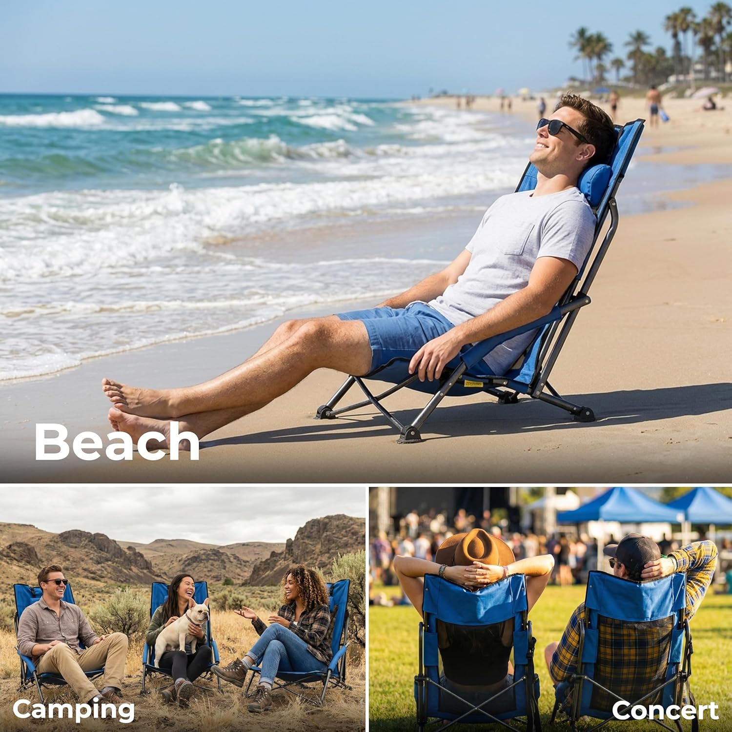 Beach Chairs for Adults Blue 1 Pack | High Back, Low Profile, 22.5'' Wide, Headrest, Breathable Mesh, Portable, Outdoor, Beach, Concert