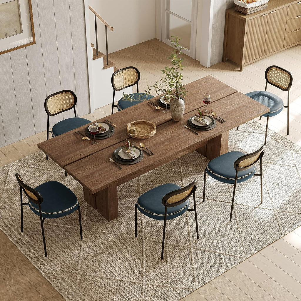 Rattan Dining Chairs Set of 2, Blue Leather Upholstered Dining Chairs with Rattan Cane Back, Mid Century Modern Dining Room Chairs with Black Metal Legs & D-Shaped Thicken Cushion, Blue