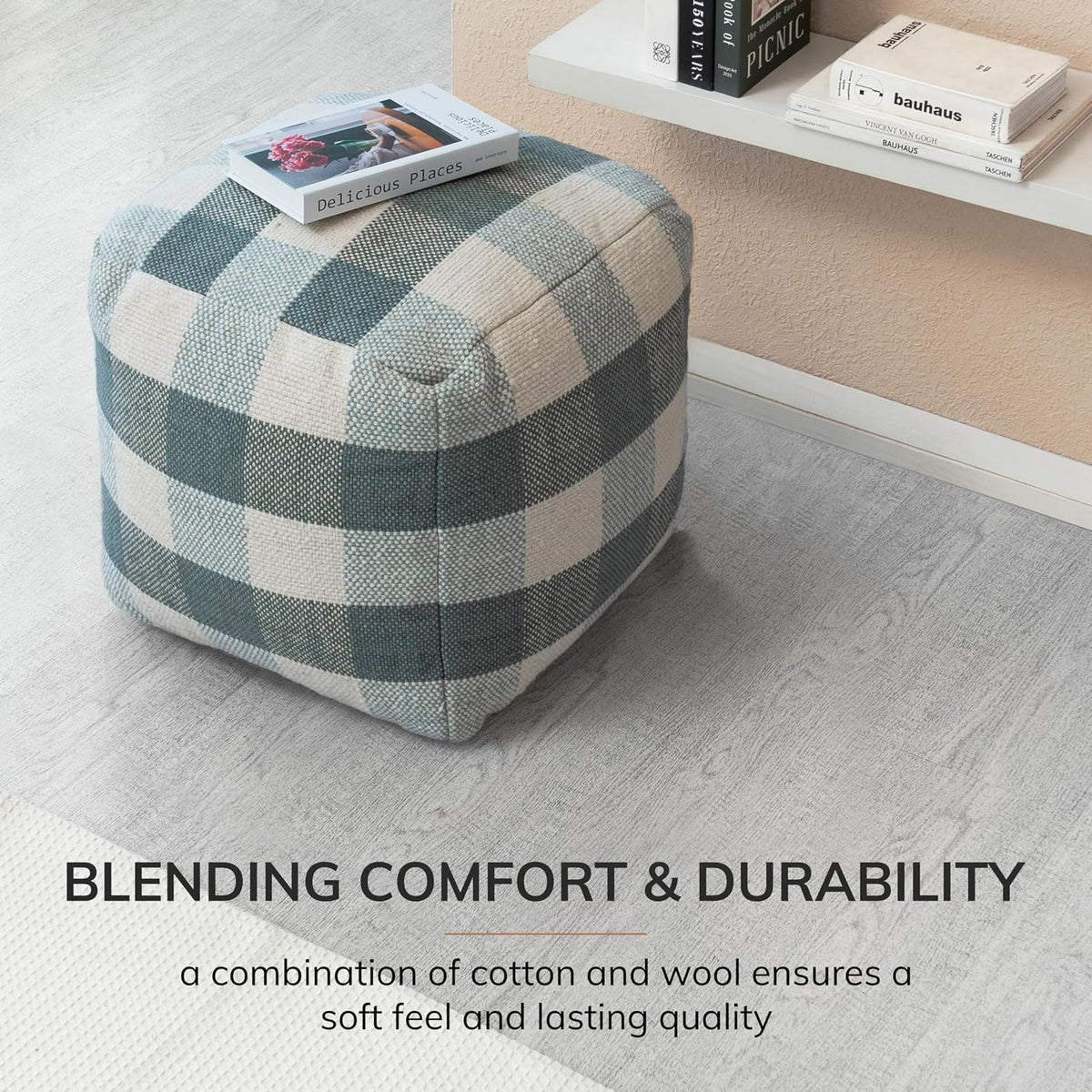 Anji Mountain 20" H x 20" W Handmade Pouf Ottoman for Living Room & Couch | Soft & Fluffy Ottoman Pouf, Lightweight, Decorative Floor Pouf Seating for Bedroom & Home Décor Accent, Sea Mist