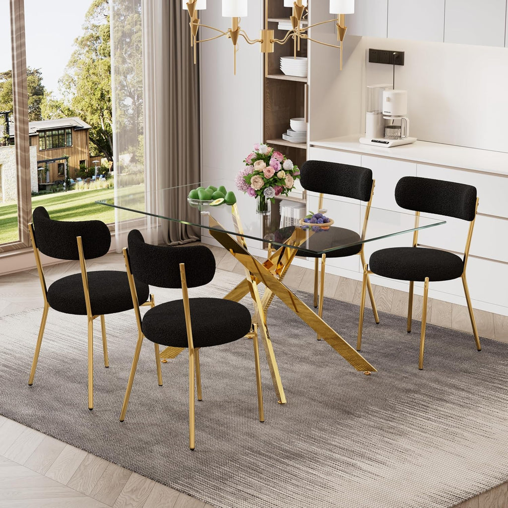 Glass Dining Table for 4-6, Contemporary Rectangular Dining Room Table with Tempered Glass Top & Gold Finish Metal Legs, Modern Elegant Dining Table for Home Kitchen