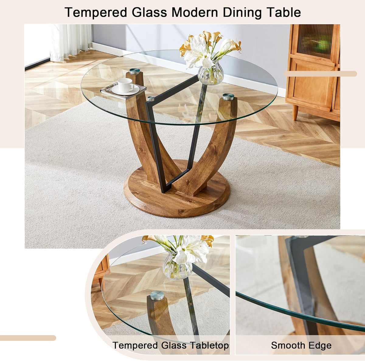 JUFU Round Dining Table for 4/6, 48 Inch Wood Kitchen Table with Stable Pedestal Base, Modern Glass Dining Table for Kitchen, Living Room, Apartment, Restaurant