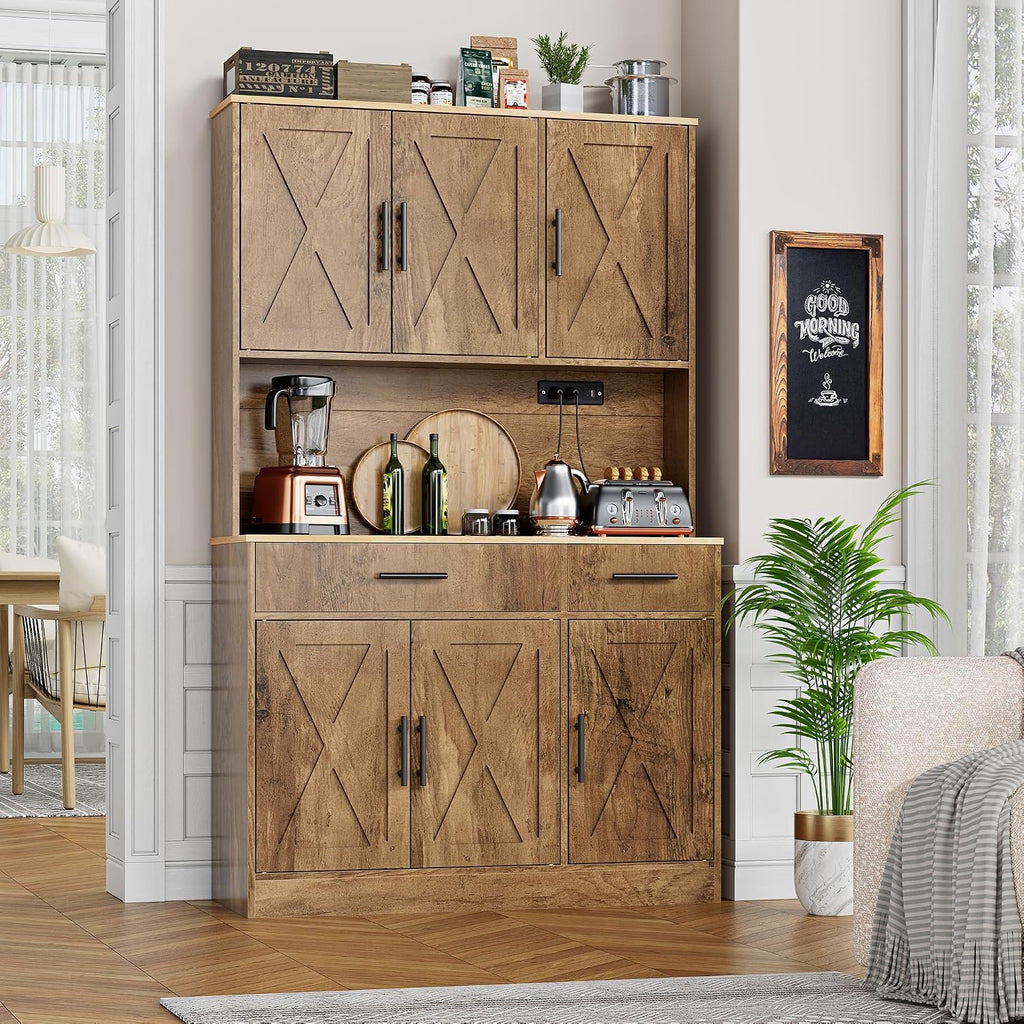 Shintenchi Pantry Cabinet with Charging Station, 70” Tall Kitchen Storage Cabinet with Microwave Stand, Storage Drawers & Adjustable Shelves, Large Capacity Kitchen Hutch for Dining Room, Brown