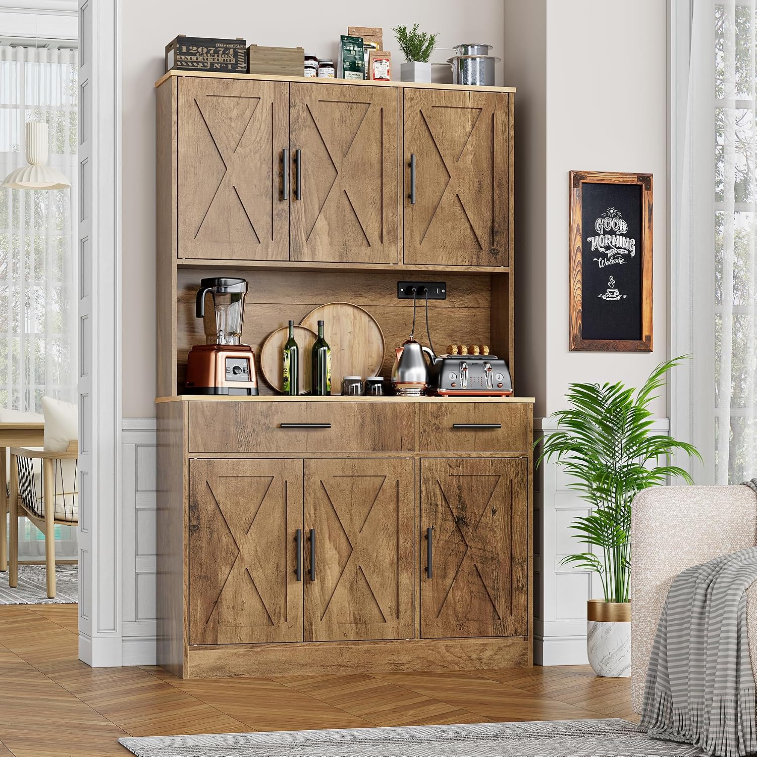 Shintenchi Pantry Cabinet with Charging Station, 70” Tall Kitchen Storage Cabinet with Microwave Stand, Storage Drawers & Adjustable Shelves, Large Capacity Kitchen Hutch for Dining Room, Brown