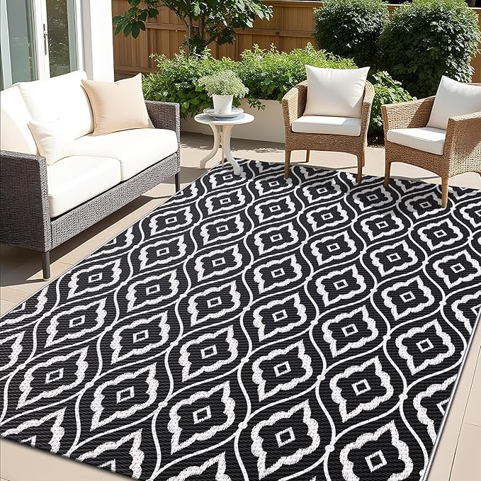 OLANLY Outdoor Rug 9x12 ft Waterproof, Outdoor Plastic Straw Rug with Geometric Pattern Clearance, Reversible RV Mat for Patio, Camping, Balcony, Deck, Backyard, Black & White