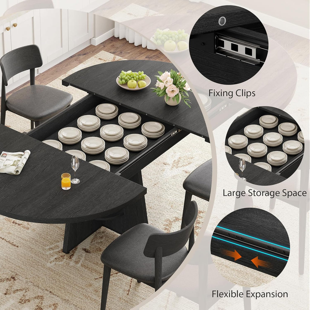 43''–59'' Extendable Dining Table, Round Kitchen Dining Room Dinner Table with for 4 6 8 People, Space Saving Modern Oval Expandale Furniture with Storage and Pedestal for Kitchen Living Room (Black)