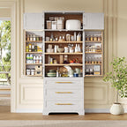 Virubi 78.2" Tall Farmhouse Kitchen Pantry Cabinet with 8 Door Shelves, Storage Cabinet with 3 Adjustable Shelves, 3 Large Drawers, Versatile Cupboard for Kitchen, Dining & Bathroom (Retro White2)