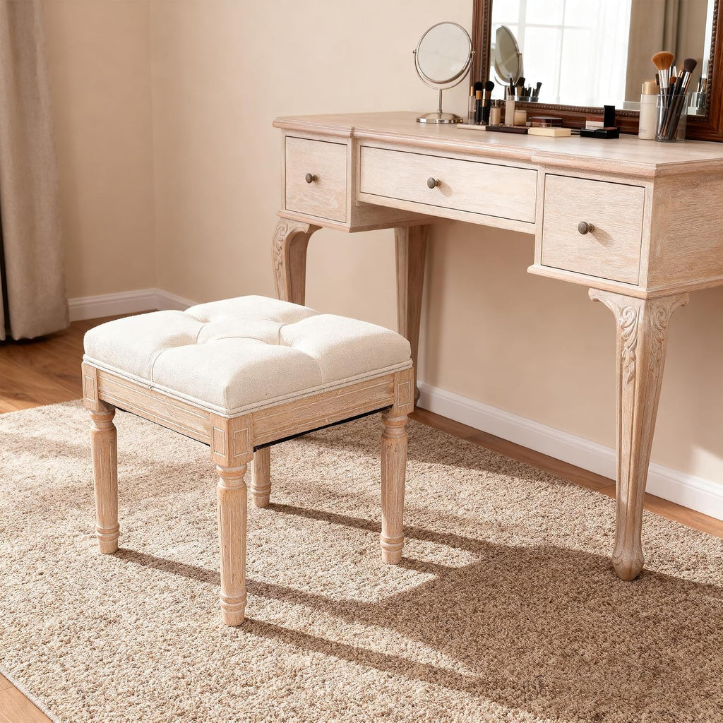 Square Vanity Stool Bench, 15.7" Small Ottoman Foot Stool with Padded Button Tufted Seat, Upholstered Ottoman Bench Chair for Makeup Room, Living Room, Bedroom, Piano, Foot Rest, Beige