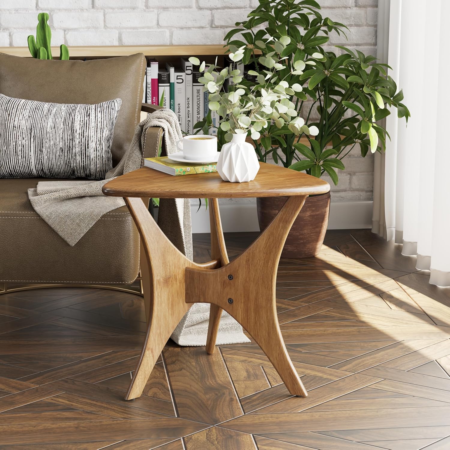 COZAYH Modern Triangle Wood End Table with Cross-Leg Rubberwood Base, Mid-Century Small Accent Side Table for Living Room, Easy Assembly, Natural, Brown