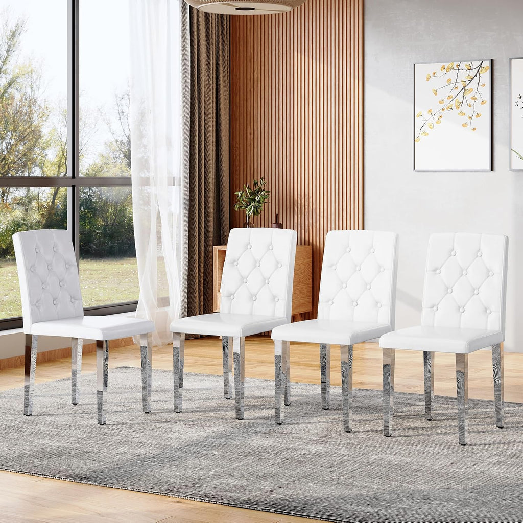 White Dining Chairs Set of 4,Faux Leather with Chrome Plate Metal Legs,Armless Kitchen Room Chairs Set of 4,Max Load 300 Lbs,High Back Modern Design for Home Kitchen Living Room Bedroom