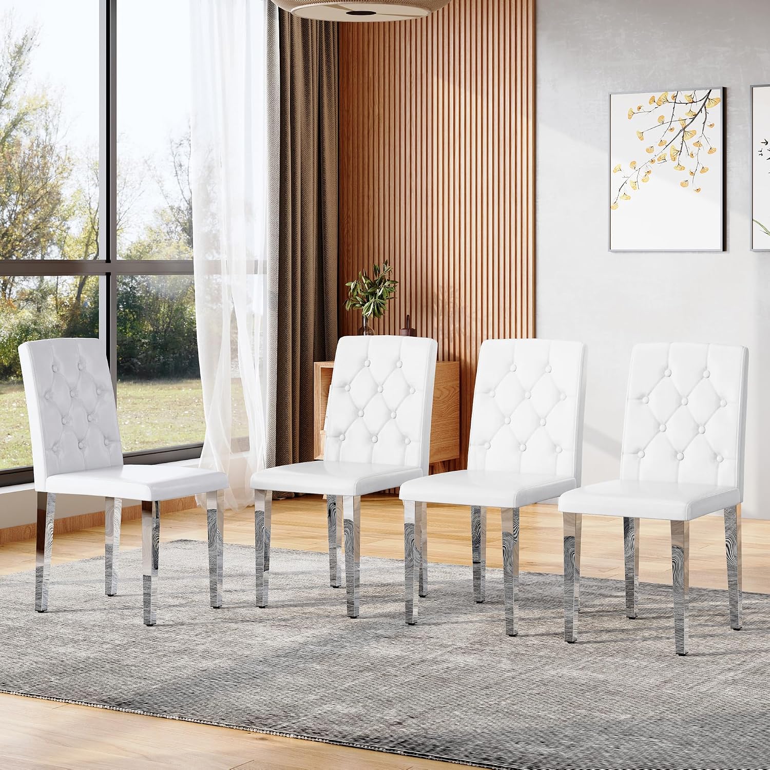 White Dining Chairs Set of 4,Faux Leather with Chrome Plate Metal Legs,Armless Kitchen Room Chairs Set of 4,Max Load 300 Lbs,High Back Modern Design for Home Kitchen Living Room Bedroom