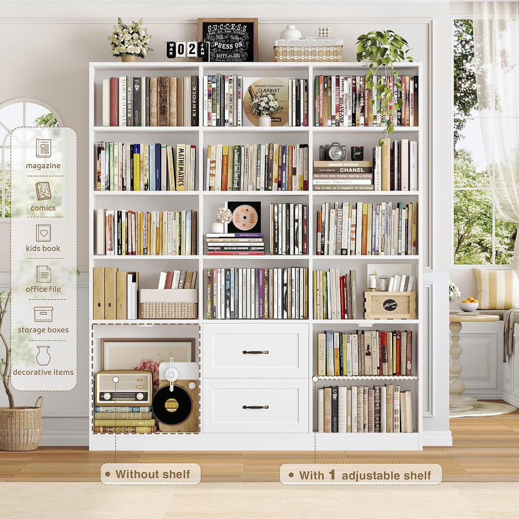 HOSTACK 71" Tall Triple Wide Bookshelf with Storage Drawers & Doors, White