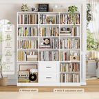 HOSTACK 71" Tall Triple Wide Bookshelf with Storage Drawers & Doors, White