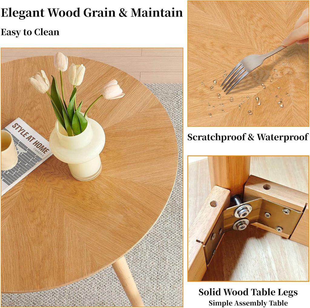 Round Dining Table for 2-4, Mid Century Modern 35 Inch Round Kitchen Table, Space Saving Small Dining Table with Oak Wood Veneer Tabletop and Solid Wood Legs for Dining Room, Living Room