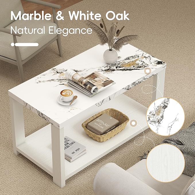 Coffee Table 40" Faux Marble White Oak 2-Tier Rectangle Thickened Modern Wooden Center Table for Living Room, Conference Room, Small Space Home Furniture (Classic White Oak)
