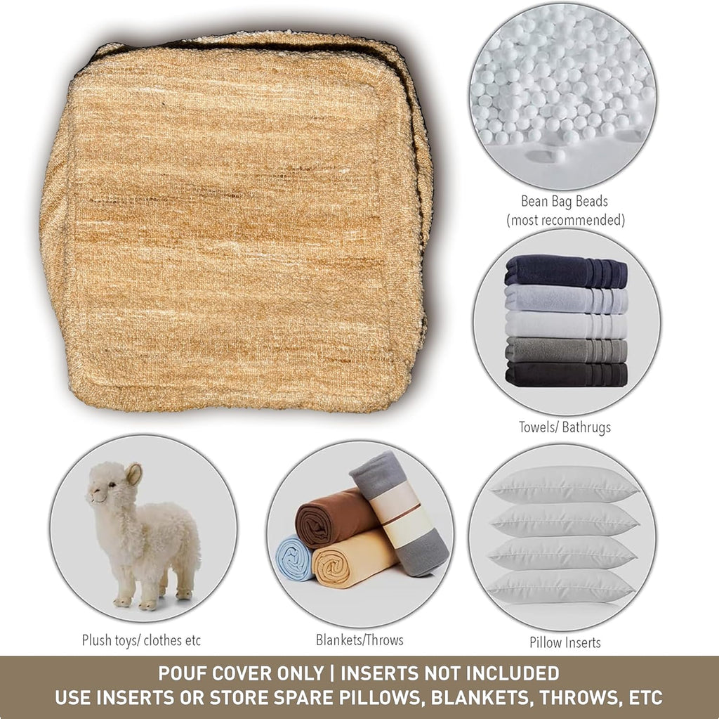 Chardin home Unstuffed Pouf Ottoman Cover, Beige, 16.5x16.5x12.9 Inches | DIY Fillable Floor Pouf with Storage, Indoor Outdoor Square Ottoman, Footrest, Boho Decorative Floor Pillow