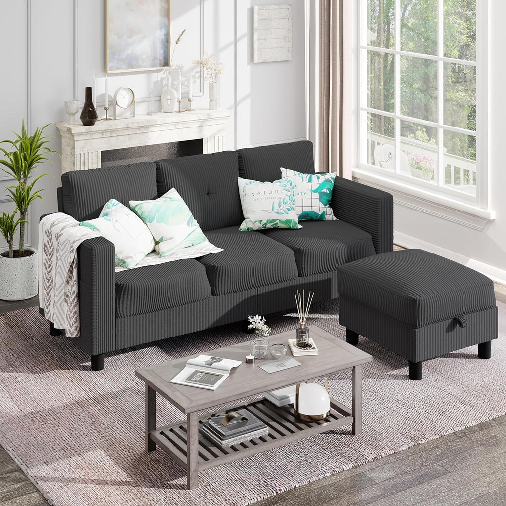 Shintenchi 76" Modern Upholstered Sectional Sofa Couch,L-Shaped Convertible Sofa with Storage Ottoman,Comfy Couches with Side Storage Pockets for Living Room,Dark Gray Corduroy Fabric