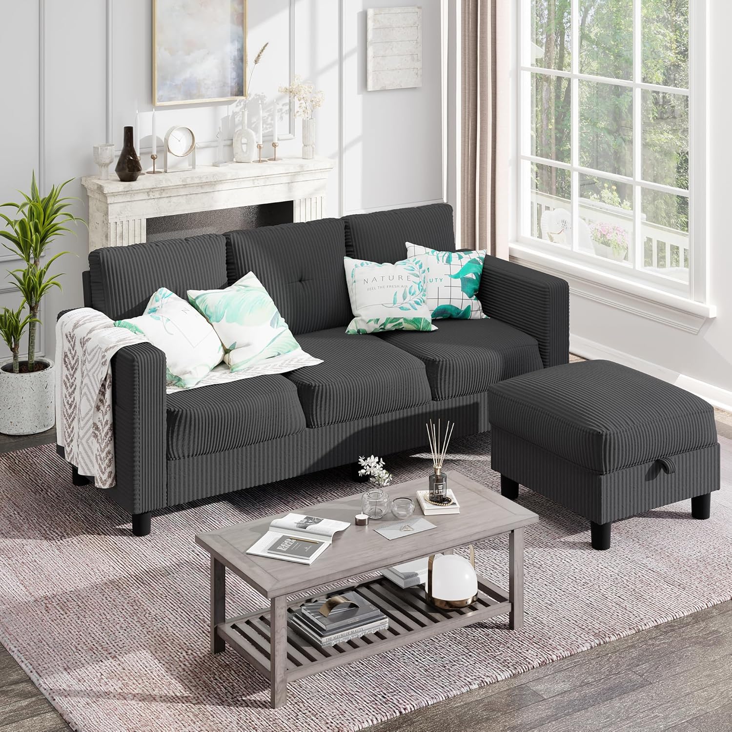Shintenchi 76" Modern Upholstered Sectional Sofa Couch,L-Shaped Convertible Sofa with Storage Ottoman,Comfy Couches with Side Storage Pockets for Living Room,Dark Gray Corduroy Fabric