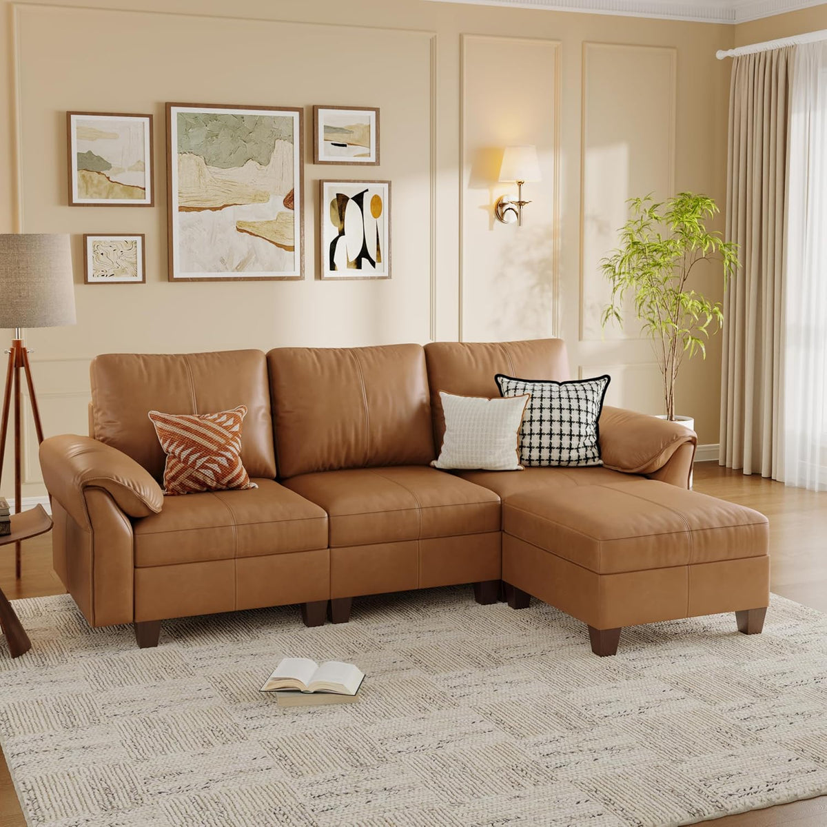 SITJOY Faux Leather Modular Sectional Sofa with Storage, Mid Century Modern Sectional Couches for Living Room, 11.8" Wide Armrests, 96" Wide 3 Seater L Shaped Couch with Chaise, Brown