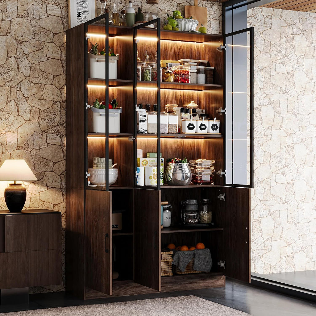 78.7" H Tall Kitchen Pantry with 3 Color LED Light, Modern Cupboard with Glass Doors, Metal Frame & Wood Grain, Large Display Storage Cabinet with Shelves for Living Dining Room, Brown