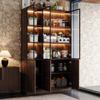 78.7" H Tall Kitchen Pantry with 3 Color LED Light, Modern Cupboard with Glass Doors, Metal Frame & Wood Grain, Large Display Storage Cabinet with Shelves for Living Dining Room, Brown