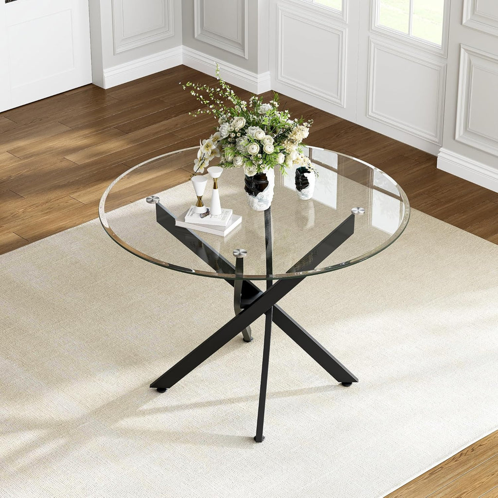 AF ARTISAN FURNITURE 36” Round Glass Dining Table for 4, Clear Tempered Glass Kitchen Table with Black Metal X Legs, Small Round Dining Table for Apartment, Dining Room & Bistro
