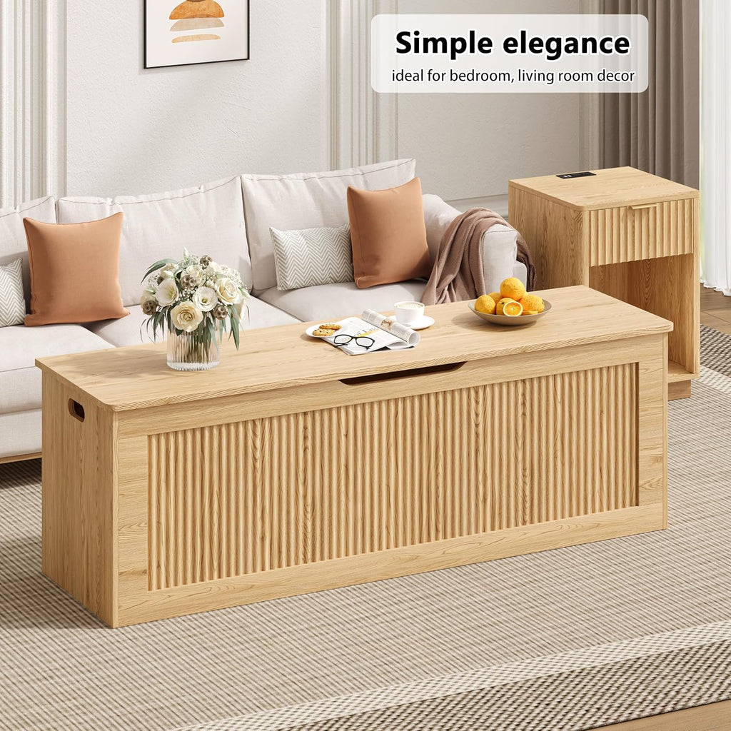 Akxomel 51.2" Fluted Storage Chest Wooden Storage Trunk 2 Safety Hinges Oak | Large Storage Chest with 2 Safety Hinges & Lift Top, Wooden Box Bench, for Living Room, Entryway, Bedroom