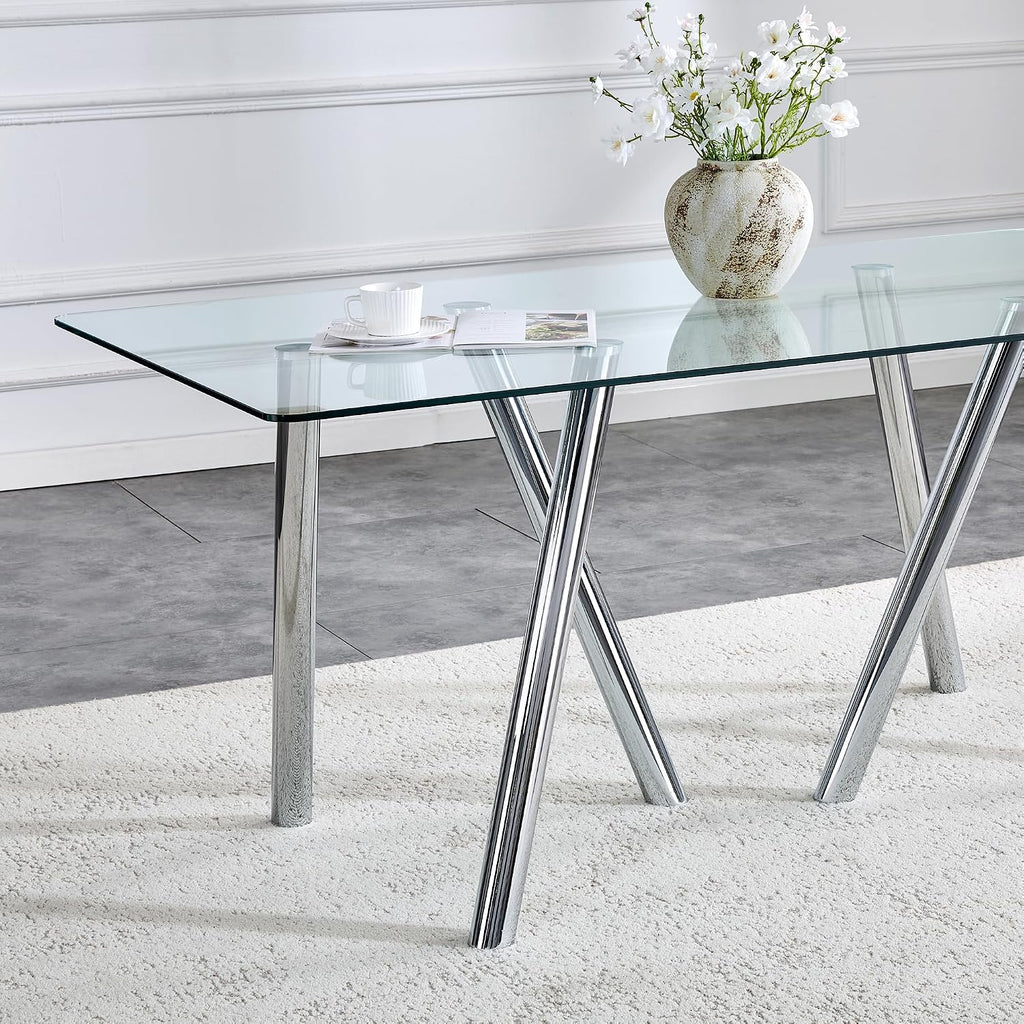 Glass Dining Table for 4 6 8 Pepole,71 Inch Rectangle Kitchen Dining Room Table with 0.39" Thick Tempered Glass Tabletop & Metal Legs, Modern Glass Top Silver Dinner Table for Dining Room