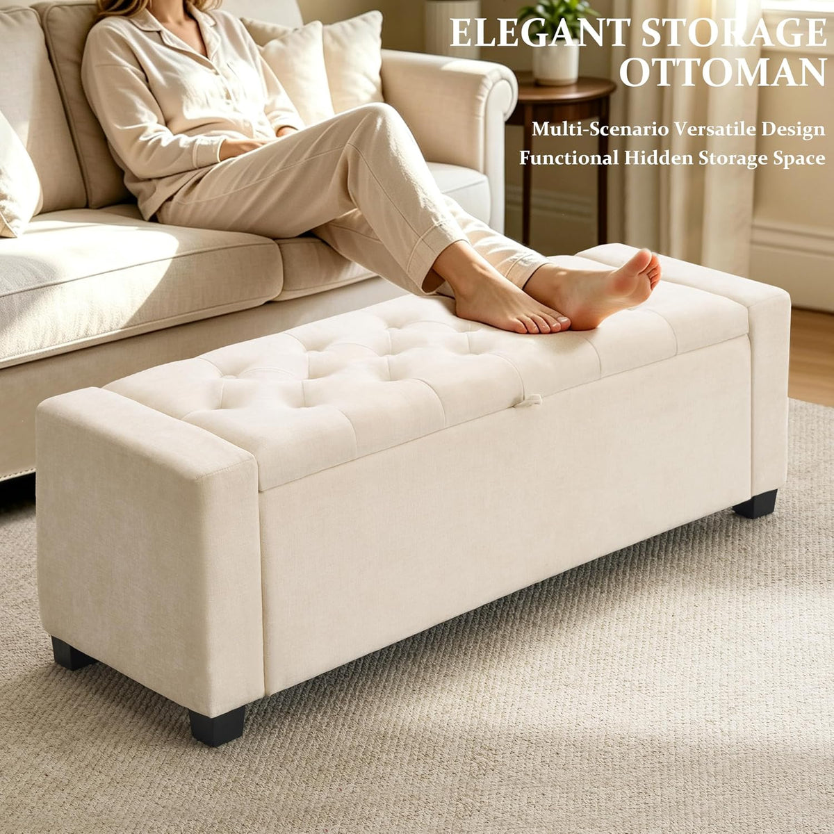 Royal Windsor Ottoman with Storage,Tufted Storage Bench for Bedroom | End of Bed Storage Bench,Holds up to 350 lb,Upholstered Bench with Seating for Living Room,Entryway,Linen Beige