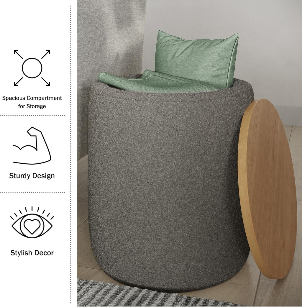 Storage Ottoman - Teddy Fabric Upholstered Ottoman with Wood Top for Living Room, Dorm, or Apartment - Ottomans with Storage by Lavish Home (Dark Gray)