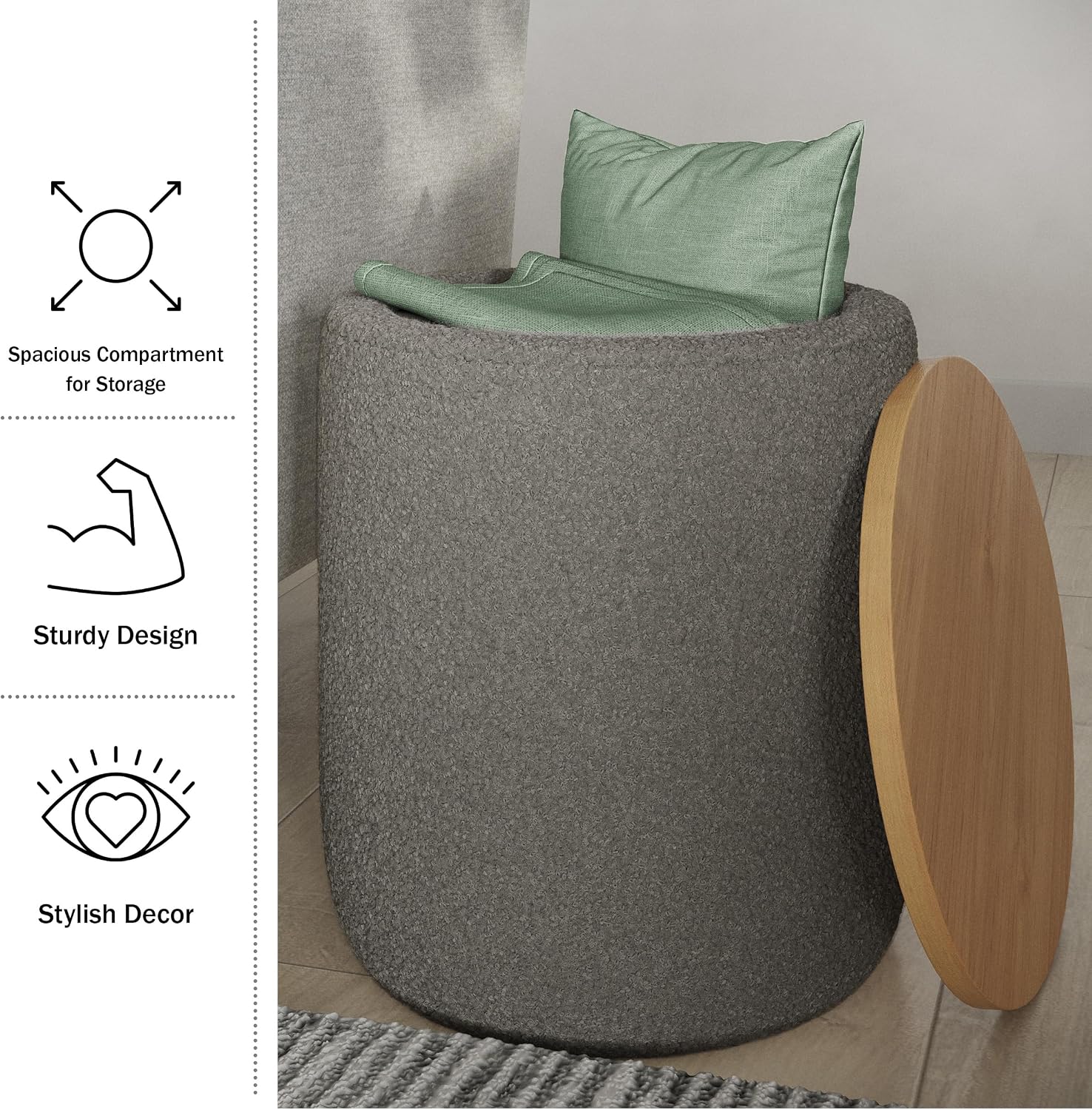 Storage Ottoman - Teddy Fabric Upholstered Ottoman with Wood Top for Living Room, Dorm, or Apartment - Ottomans with Storage by Lavish Home (Dark Gray)