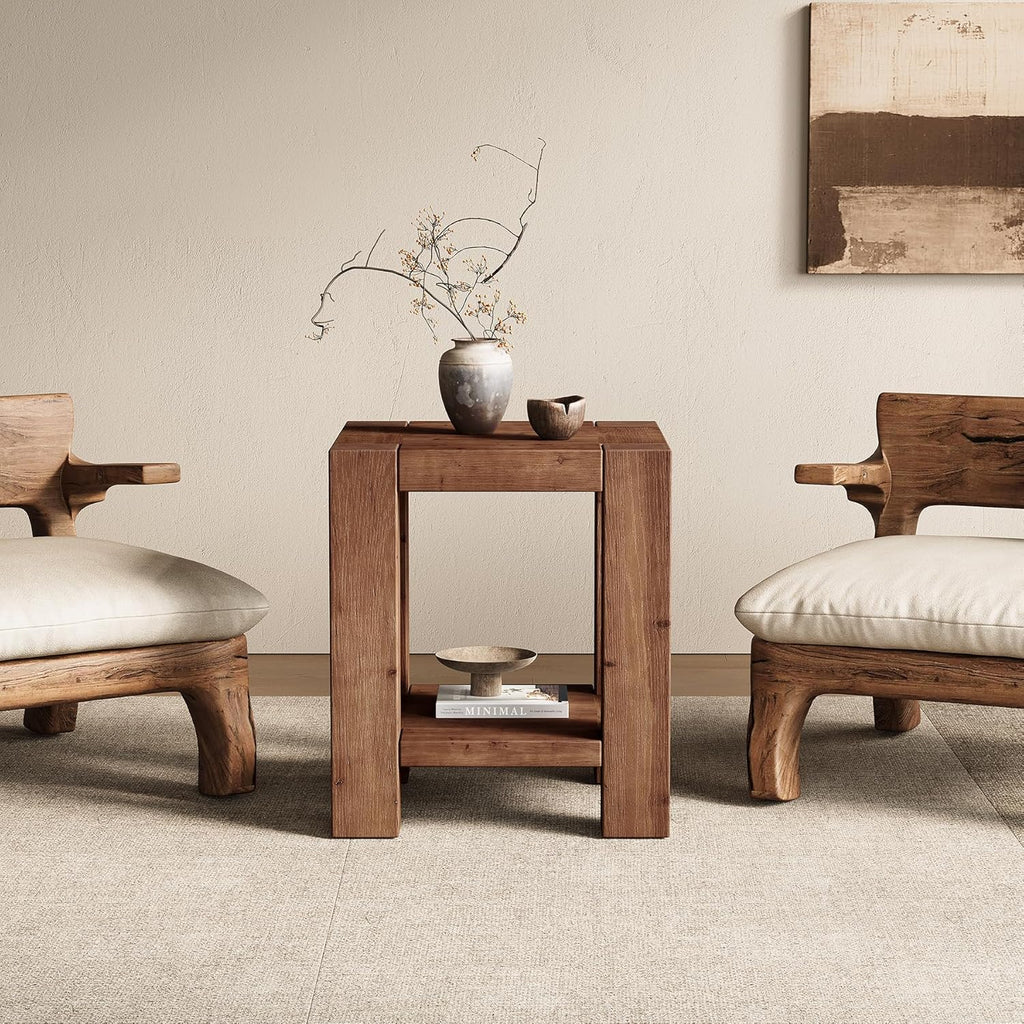 Solid Wood Side Table Set of 2, Farmhouse 2-Tier End Tables with Storage Shelves for Small Spaces, Living Room, Bedroom, Rustic Brown