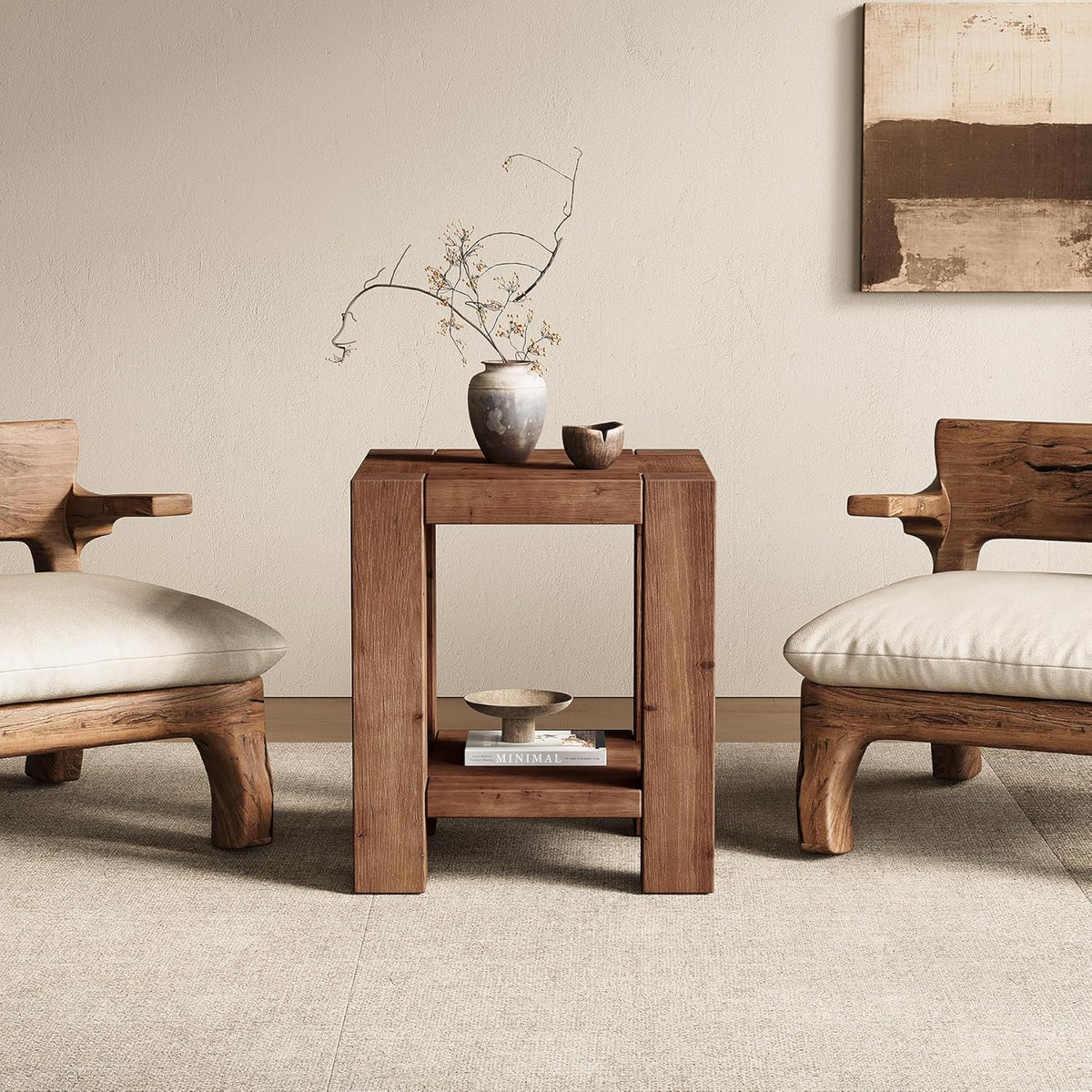 Solid Wood Side Table Set of 2, Farmhouse 2-Tier End Tables with Storage Shelves for Small Spaces, Living Room, Bedroom, Rustic Brown