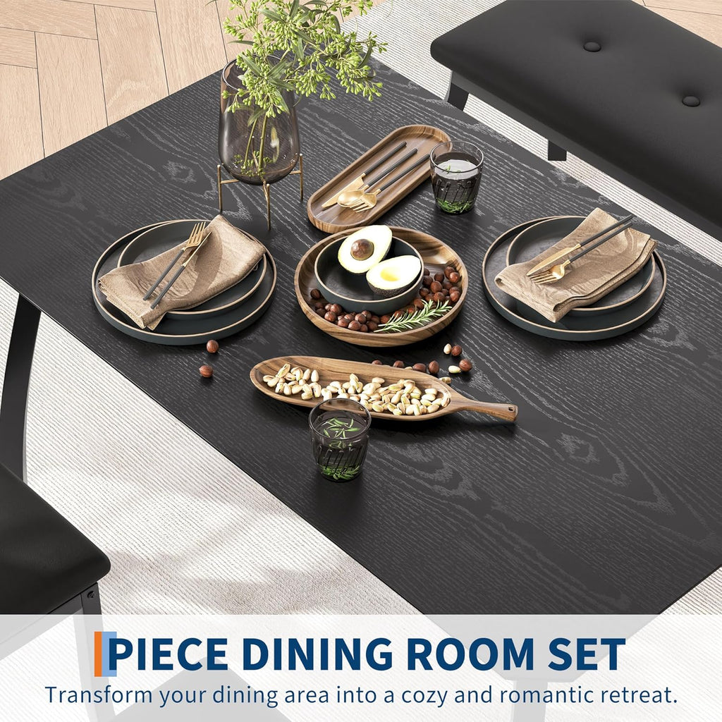 Dining Table Set for 4, 3-Piece Wooden Kitchen Table with 2 Upholstered Benches, Space-Saving Dinette Set for Restaurant, Studio, Dining Room, Home Kitchen, Gray (Black, 2 Chairs + 1 Bench)