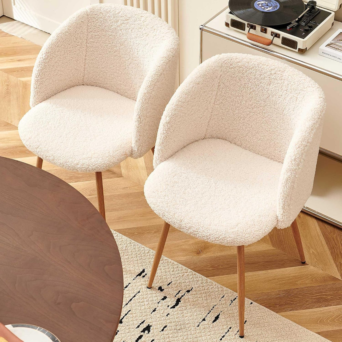 Homedot Dining Chairs Set of 6, Upholstered Sherpa Kitchen Chairs with Curved Back, Padded Seat with Wood Grain Metals, Modern Dining Side Bedroom Chairs Barrel for Kitchen Dining Room, Off White