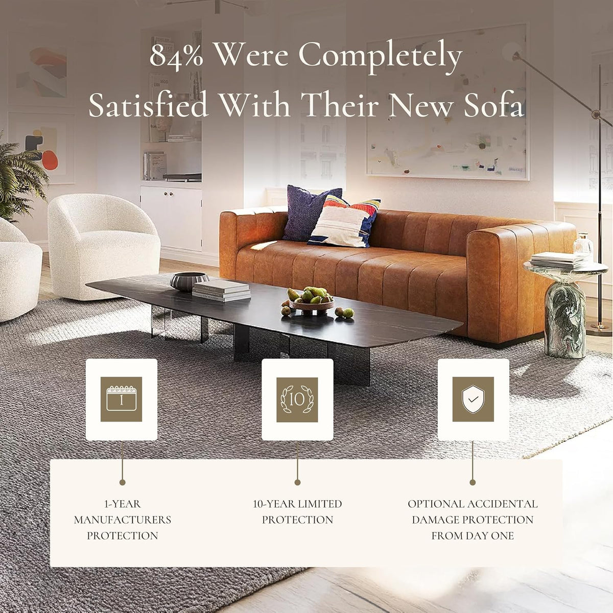 POLY & BARK Canale Sofa – 86" Channel-Tufted Italian Leather Couch – Cognac Tan Full-Grain Pure-Aniline or Semi-Aniline Leather, Solid Wood Frame & Legs