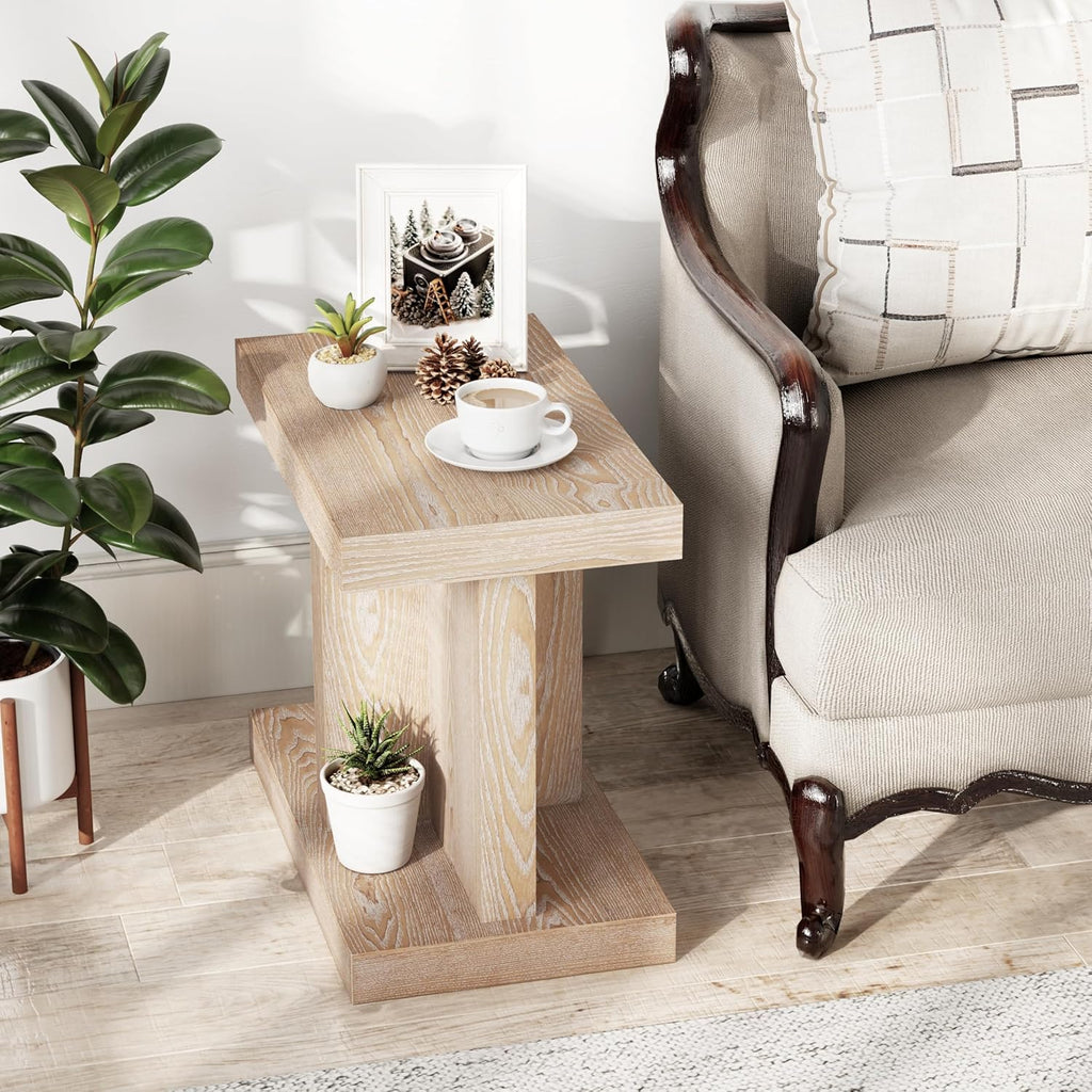 COZAYH Farmhouse Wood End Table with Open Base Shelf, Modern Minimalist Rectangular Side Table Plant Stand for Living Room, Bedroom, Natural Grain Finish