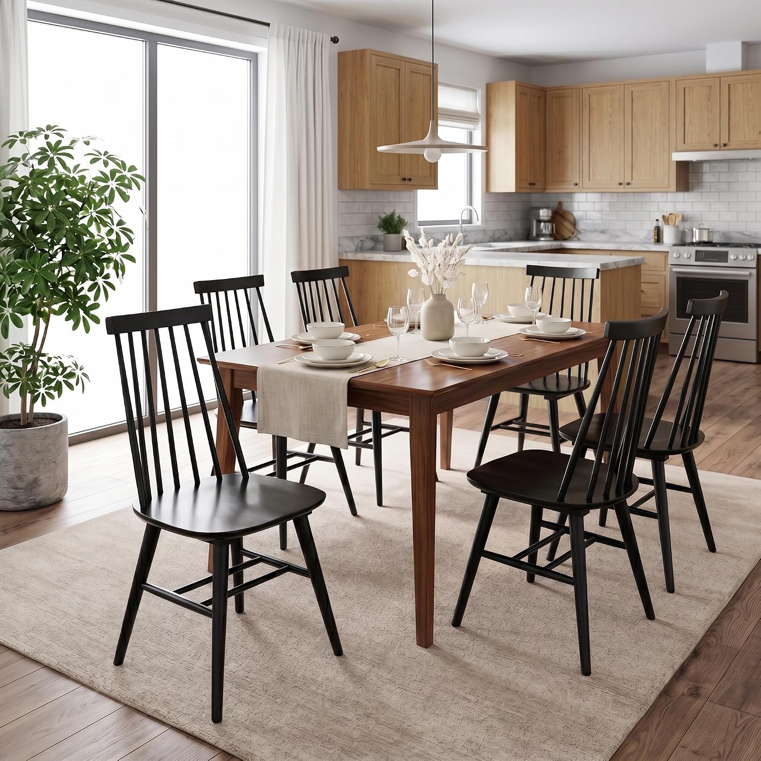 DUHOME Windsor Dining Chairs Set of 6 Wood Dining Room Chair Slat Back Kitchen Room Chair Side Chair (Black, 6 PCS)