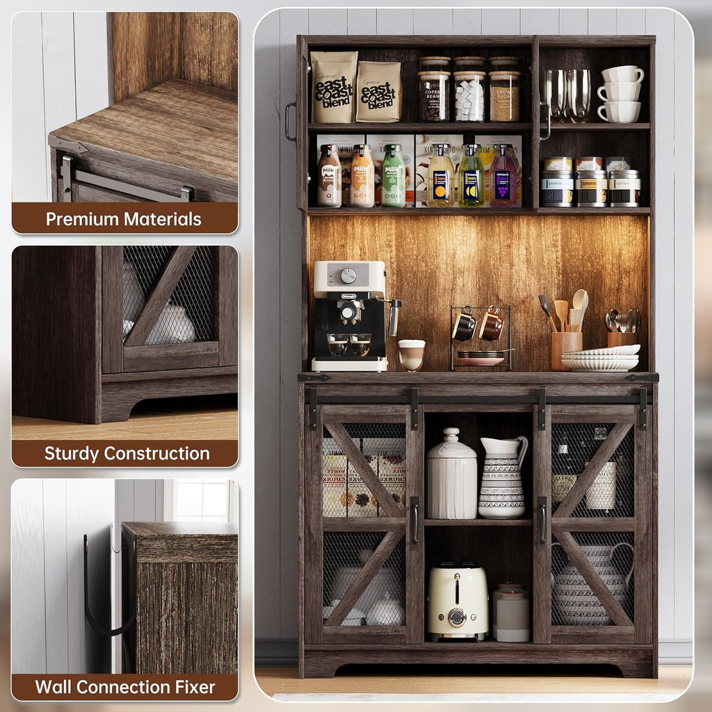 71" Farmhouse Pantry Storage Cabinet With LED Lights and Charging Station, Tall Kitchen Cupboard With Adjustable Shelves and Doors, Rustic Oak