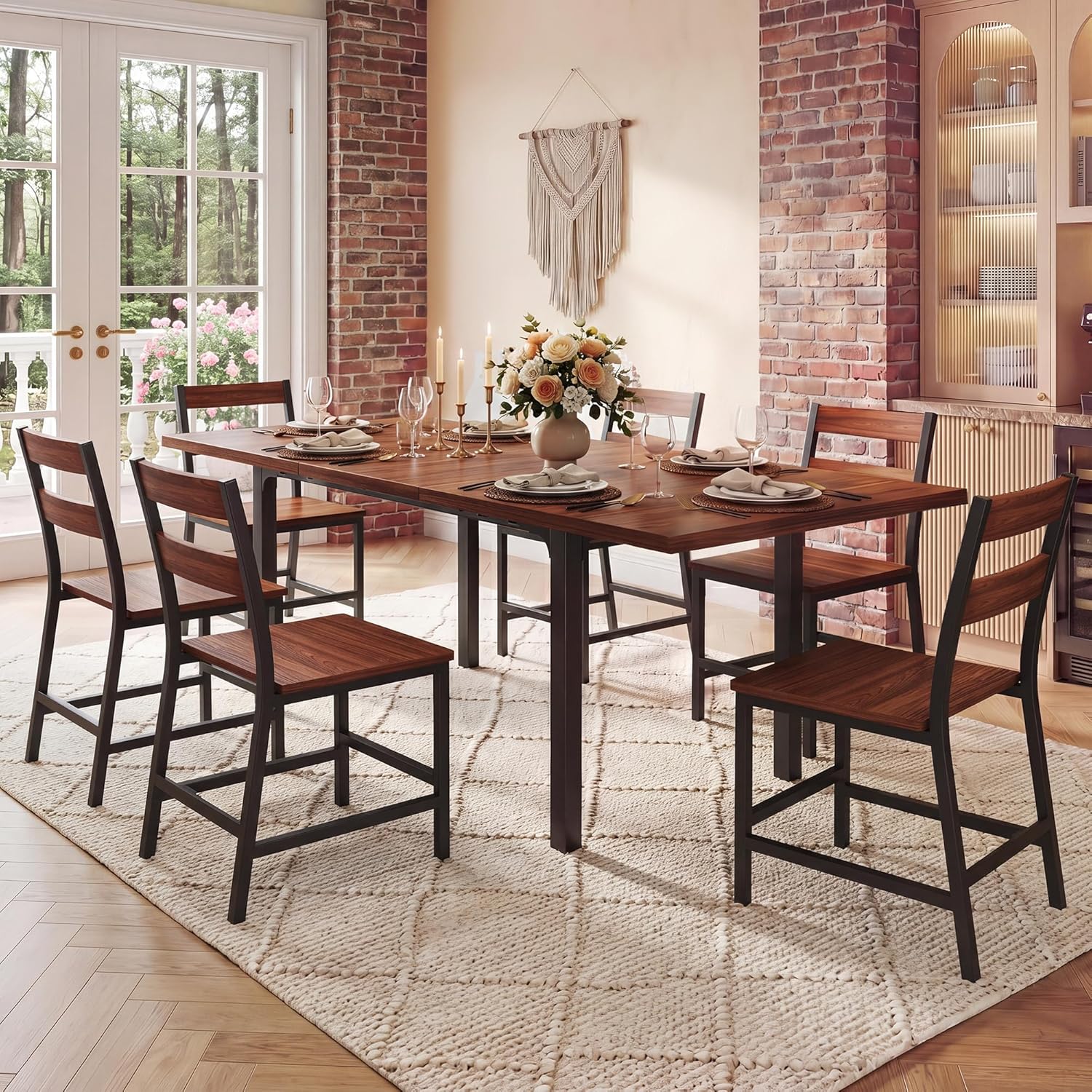 HUAHUU 7-Piece Dining Table Set for 6, 63" Extendable Kitchen Table with Curved Backrest Chairs, Dining Room Table with Solid Metal Frame & MDF Board, Easy Assembly, Walnut