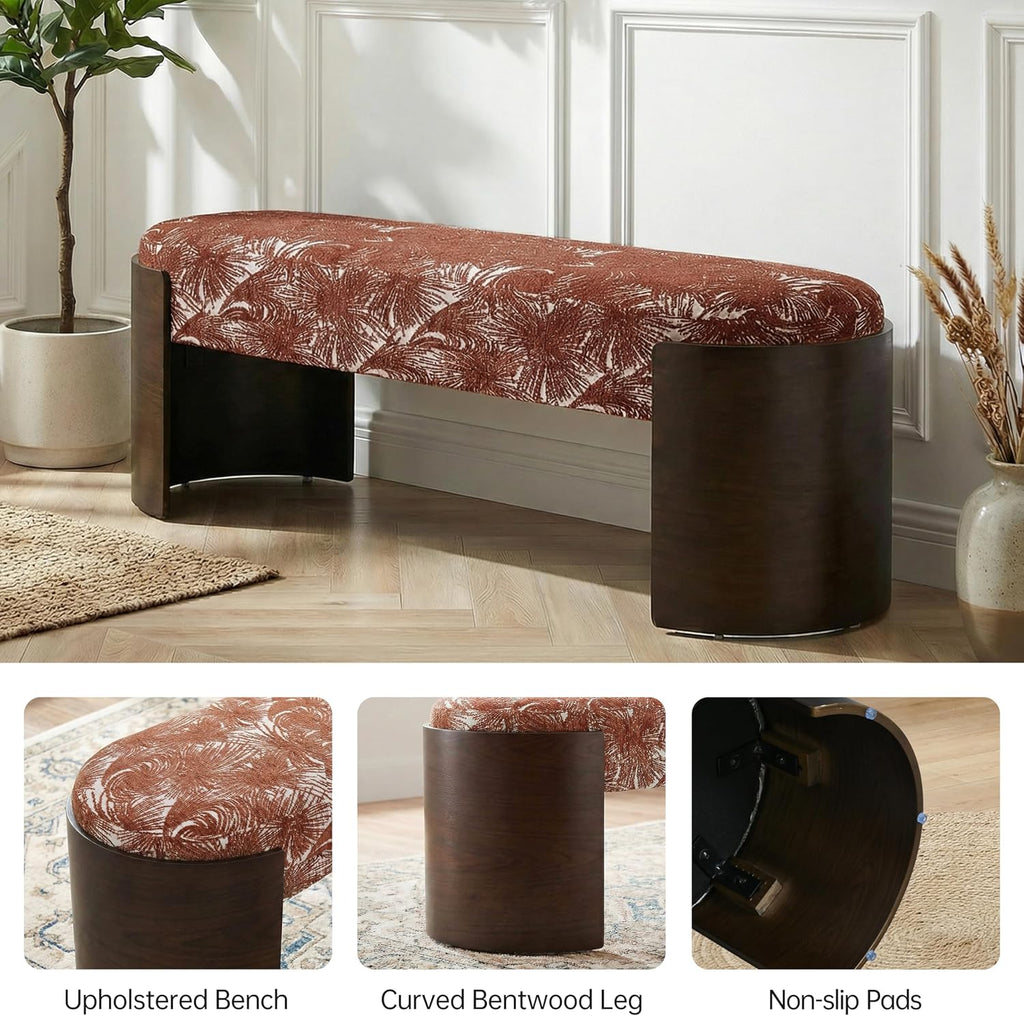 VKNOW 50" Upholstered Ottoman Bench with Botanical Pattern, Oval Entryway Bench with Solid Curved Bentwood Legs, Accent End of Bed Bench for Bedroom, Dining Bench for Dining Room, Living Room, Rust